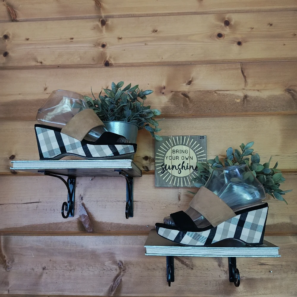 Sacha London Kali Leather Plaid Fabric Slip On Platform Wedge Heels Sandals Sz 6